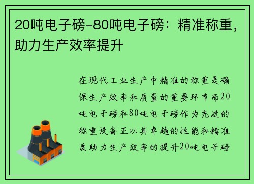 20吨电子磅-80吨电子磅：精准称重，助力生产效率提升